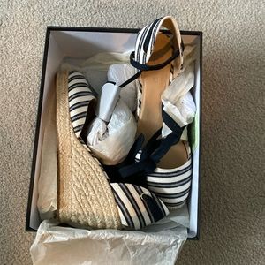 J Crew ankle wrap Espadrille wedge navy and white new 8